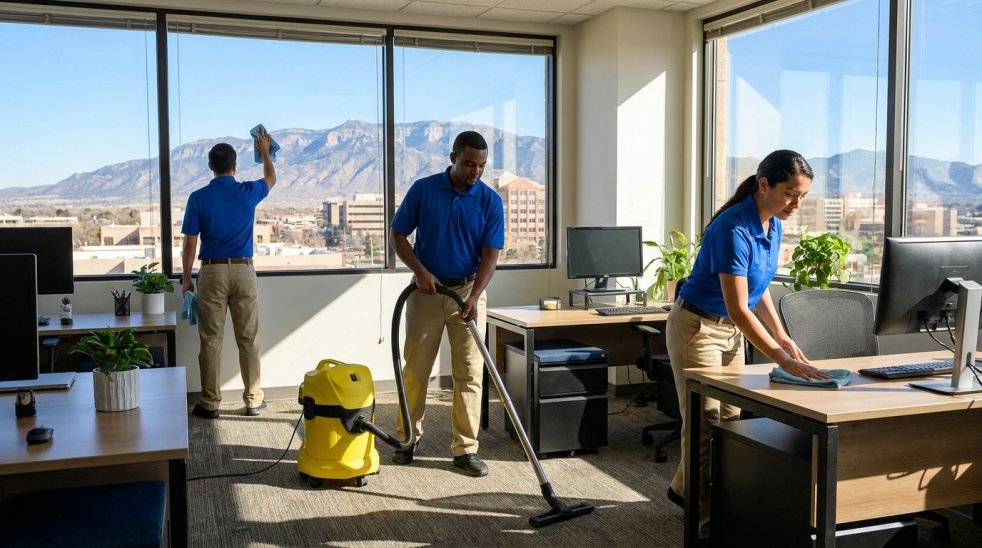 Commercial cleaners disinfecting an Albuquerque office with mountain views